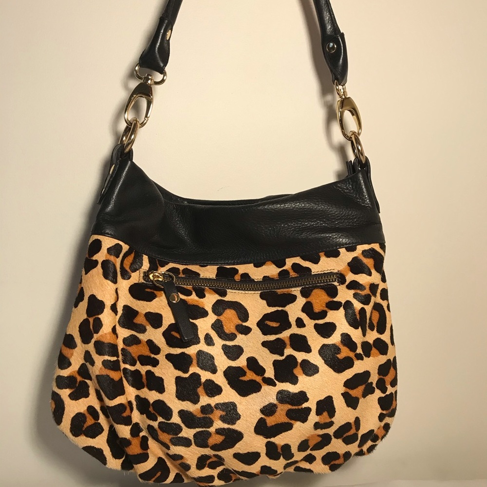 Vintage black leather and calf hair cheetah purse